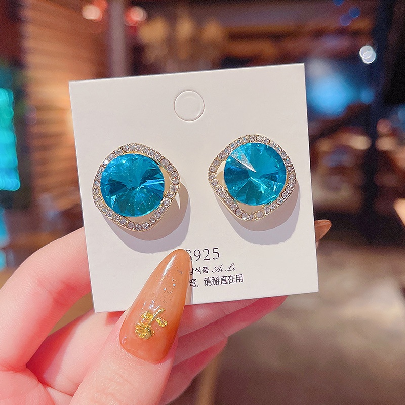 Anting Stud silver needle 925 Hias Kristal Berlian Biru Kilau Geometris Untuk Wanita