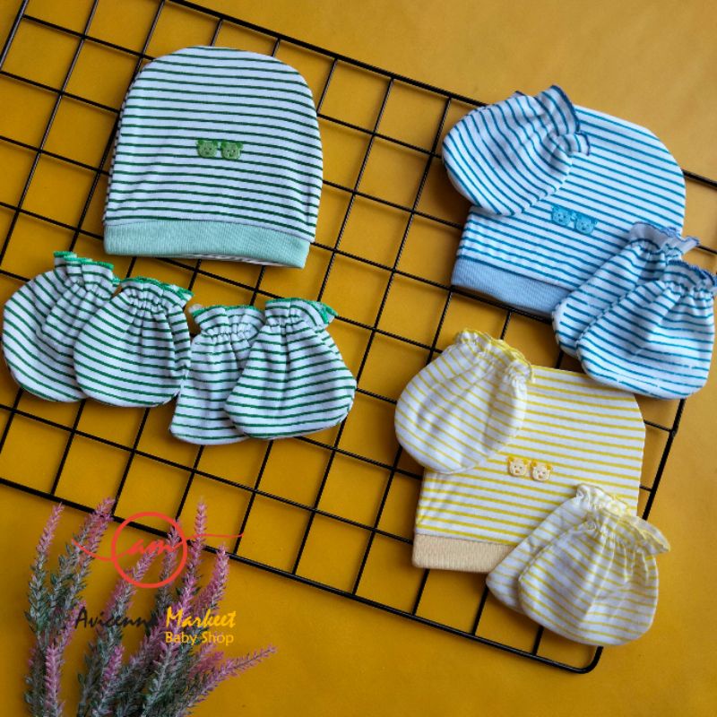 set topi sarung tangan kaki bayi garis salur newborn