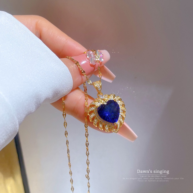 Kalung Rantai Lapis Emas 18K Dengan Liontin Hati Sapphire Mewah Untuk Wanita