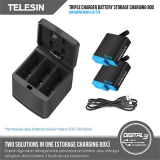 Telesin 3 Slot Battery Charger Box Dock Plus 1 / 2 Baterai GoPro Hero 5 6 7 8 Black