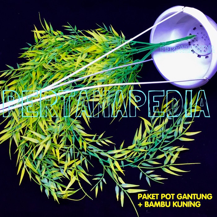 Paket Pot Gantung Daun Bunga Artificial Daun Bambu Kuning Plastik