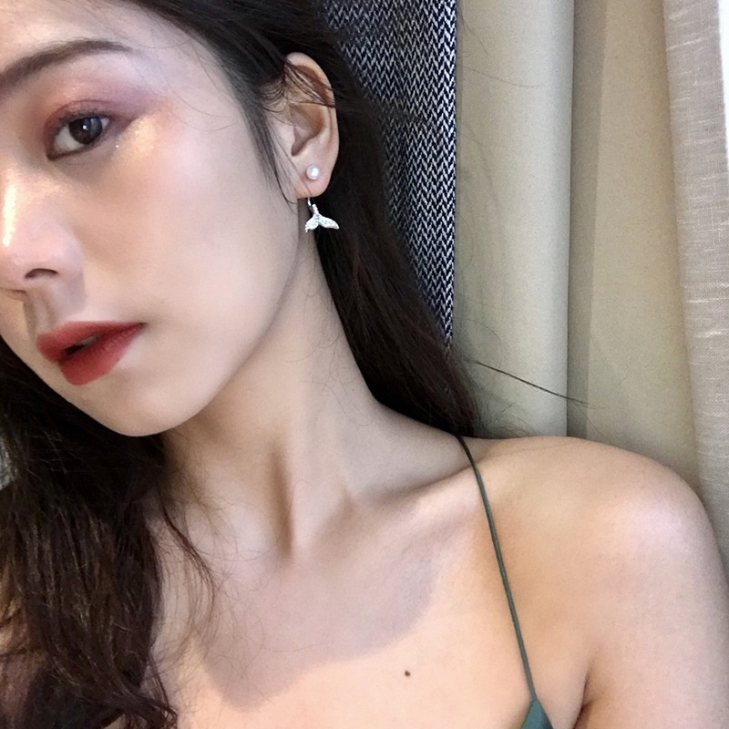 Ekor putri duyung anting-anting perempuan Korea temperamental mutiara stud anting-anting sederhana f