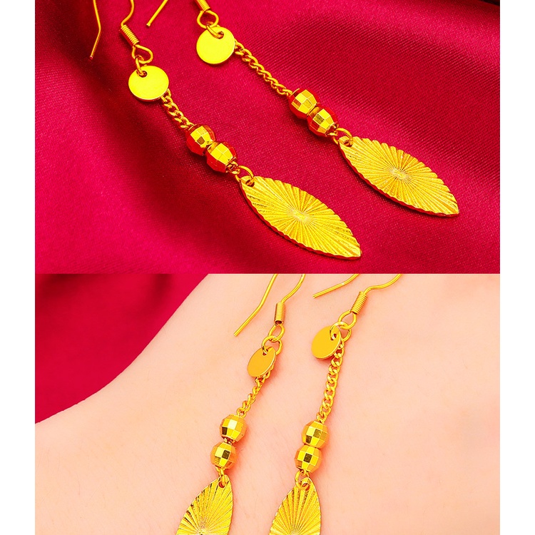Anting Rumbai Panjang Desain Daun Lapis Emas Asli Kadar 375 Untuk Wanita
