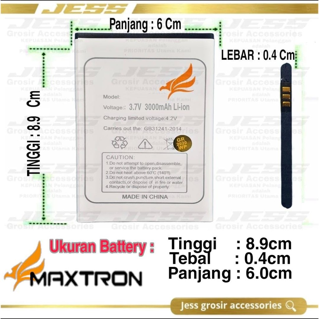 Baterai Original MAXTRON S8 JET ONE / X2 , S9 XT 4G LTE ukuran Battery P 6.0 cm T 8.9 cm L 0.4 cm