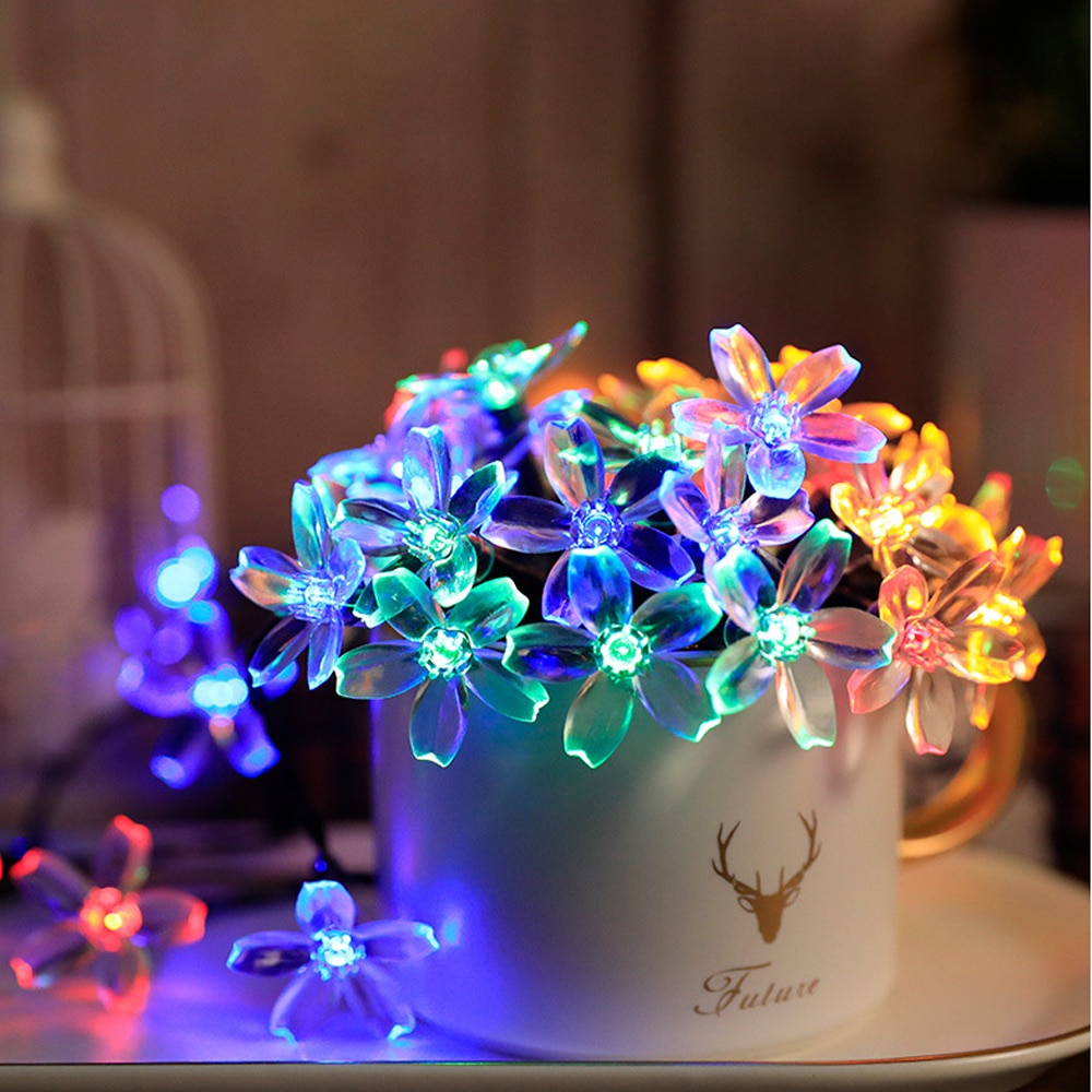 Lampu LED Tumblr Hias Taman Bunga Kristal Warna Warni Tenaga Surya Dekorasi 50 LED 7 Meter Anti Air with Solar Panel waterproof Solar Flower Lawn Lamps IP44 Cherry Blossoms String Lights Outdoor Fairy Light for Patio Garden Fence Christmas Holiday Decor