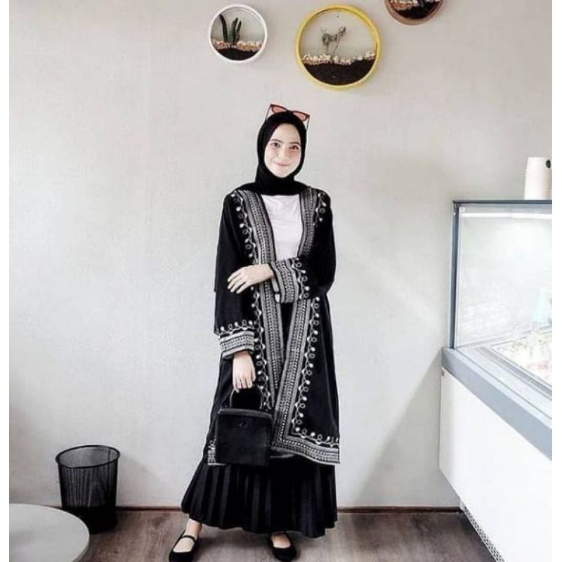 Pakaian Wanita Terlaris ILMA OUTER // Outer Motif Bordir // OUTER WANITA // OUTER MURAH // OUTER MUSLIM / luaran wanita / outer jumbo / long outer / outer terbaru 2022 / kardigan wanita-Hitam