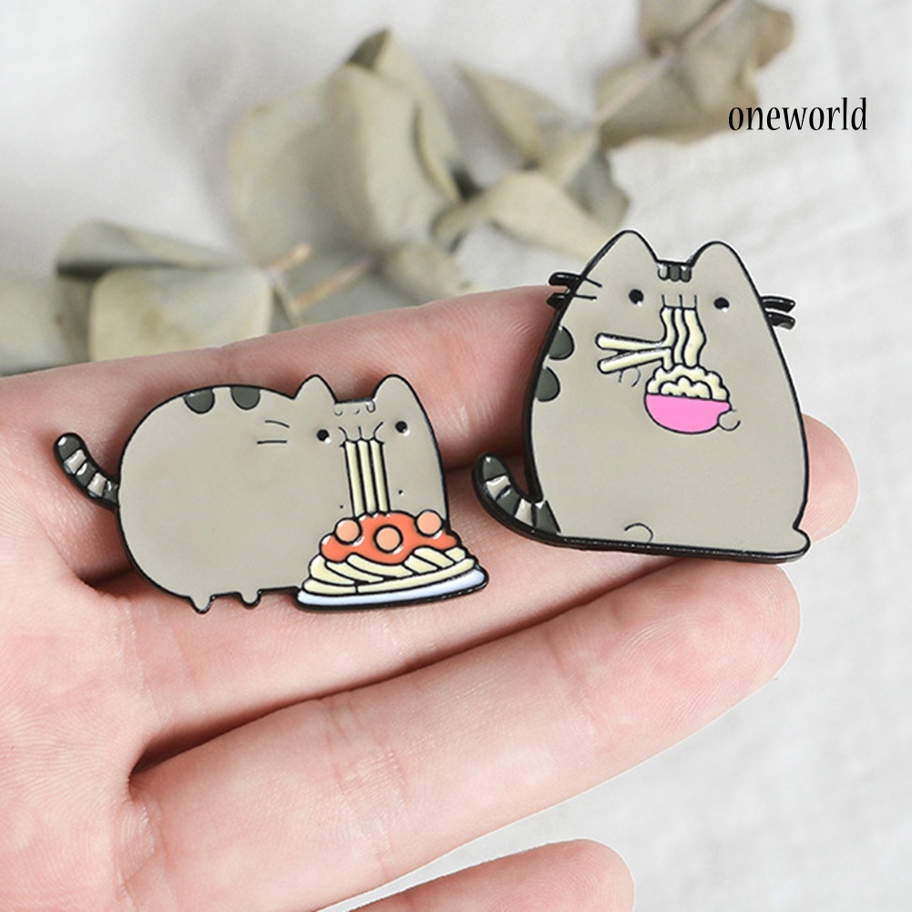 OW@ Cute Cartoon Fat Cat Eat Noodles Enamel Brooch Pin Collar Lapel Badge Jewelry