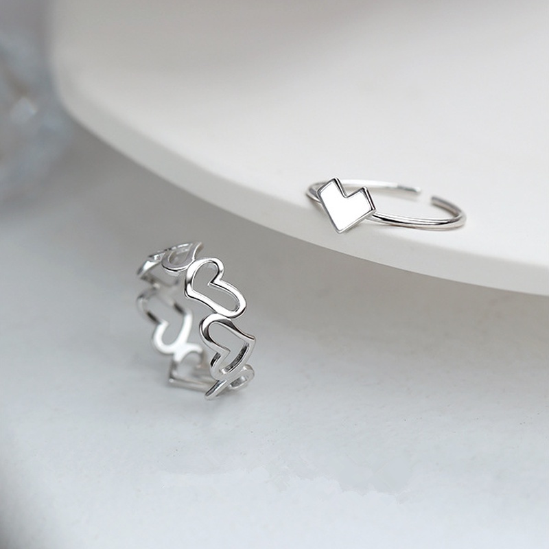 Papaozhu 2PCs Korea Perak Berongga Hati Ke Hati Cincin Set Untuk Wanita Adjustable Geometris Jari Manset Perhiasan