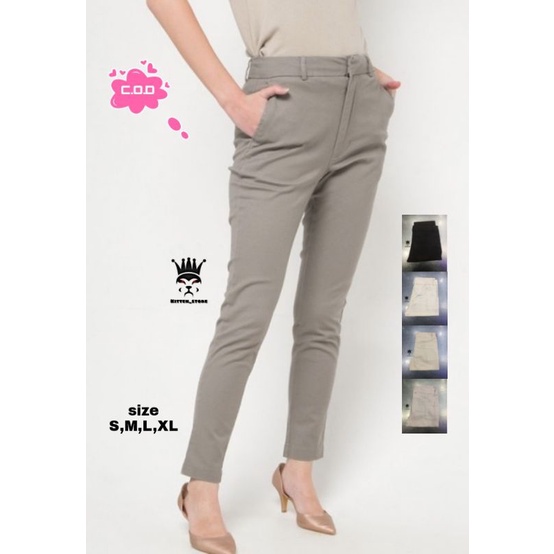 Celana Wanita Bahan Katun chinos Pinggang Kancing Size S,M,L,XL