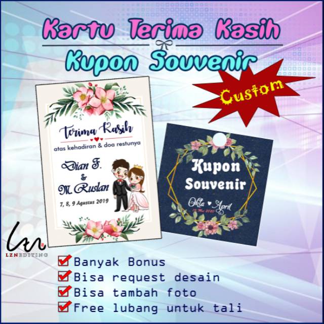 

10 biji Kartu Terima Kasih/ Kupon Souvenir CUSTOM free lubang