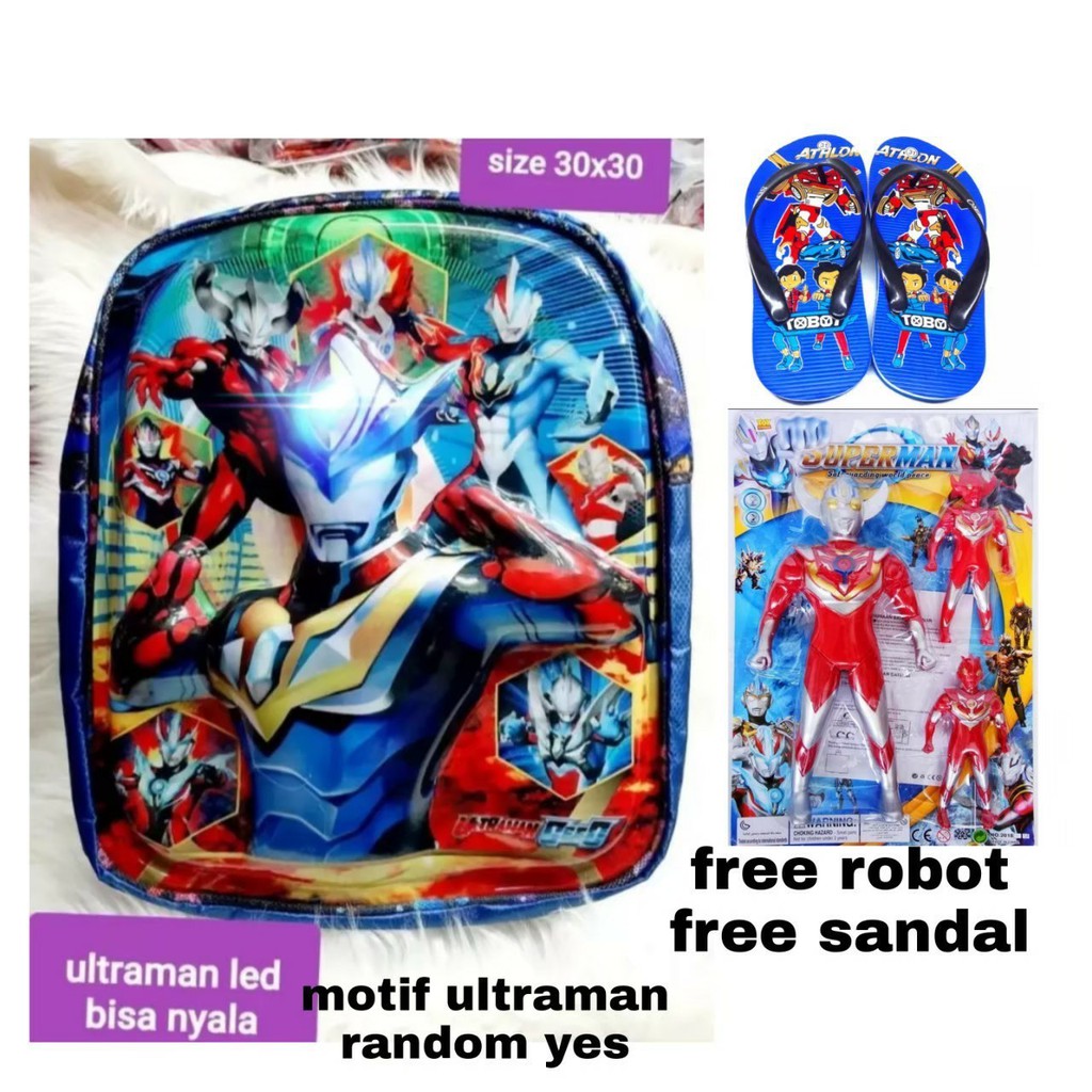 Tas ransel sekolah ultramen led free robot dan sendal