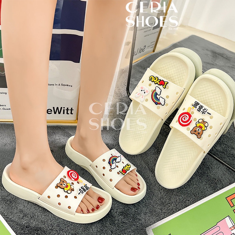 PVC Sandal Slop Wanita Jibbitz Accesoris Bahan Karet Elastis Sol Empuk Non-Slip Rubber Tebal 2207