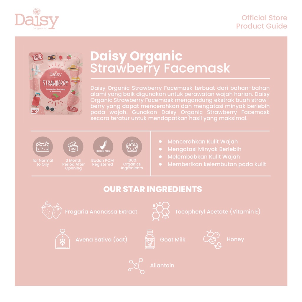 Daisy Organic Strawberry Facemask Travelsize Masker Face Mask Travel Size