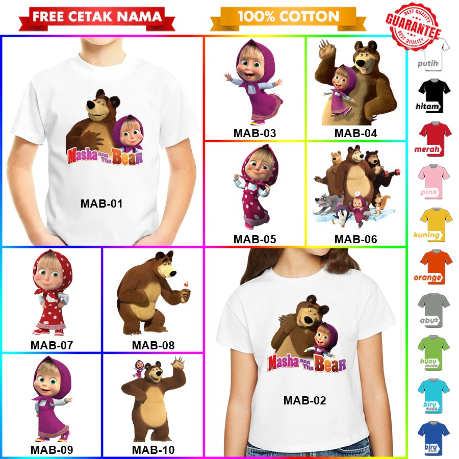 [FREE NAMA!!] Baju Kaos ANAK DAN DEWASA MASHA AND THE BEAR BANYAK MOTIF