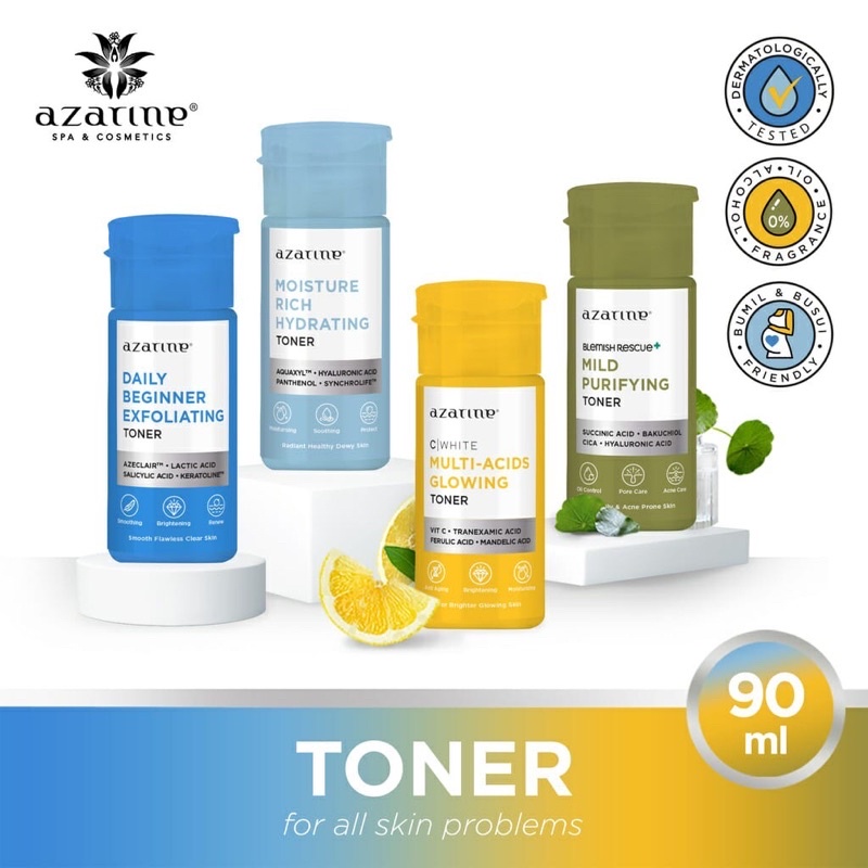 AZARINE MOISTURE RICH HYDRATING TONER || AZARINE DAILY BEGINNER EXFOLIATING TONER || AZARINE C|white