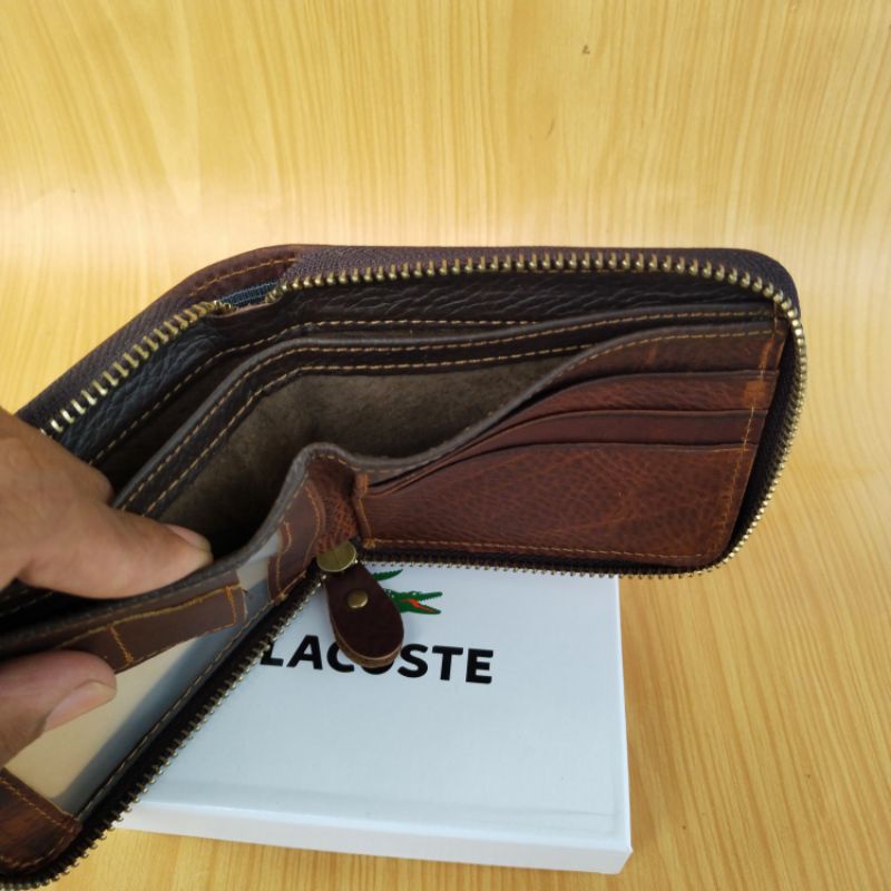 Dompet Resfull  Seleting Kulit Sapi Asli Premium Original/Dompet Lacoste Kulit resleting Luar