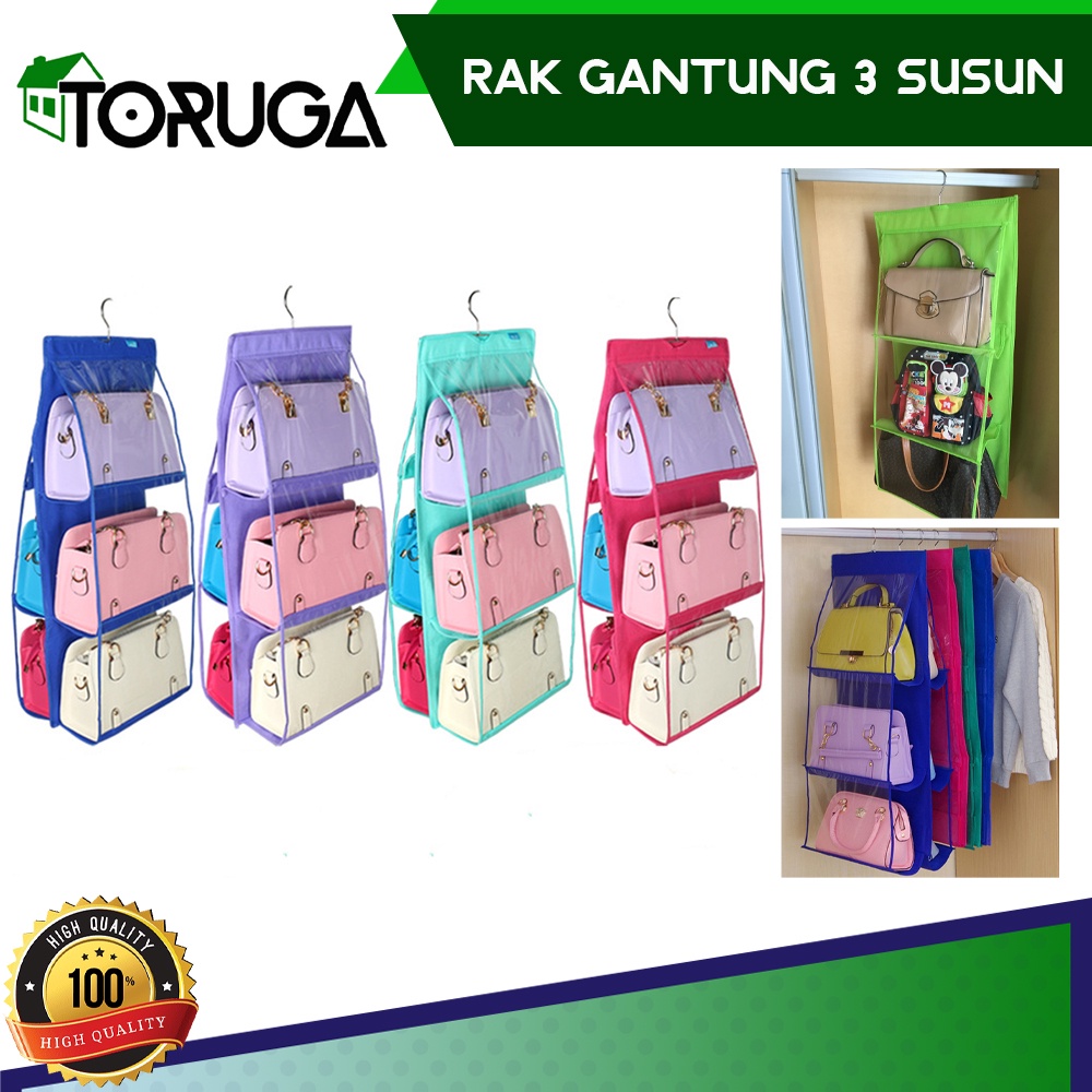 Rak Cantolan Tas GANTUNG 3 susun - Hanging Bag Organizer HBO - Tempat Penyimpanan Hand Bag 6 Sekat