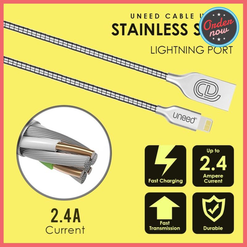 SALE UCB12i-Uneed Stainless Stell Kabel Data Lightning Fast Charging 24 A READY