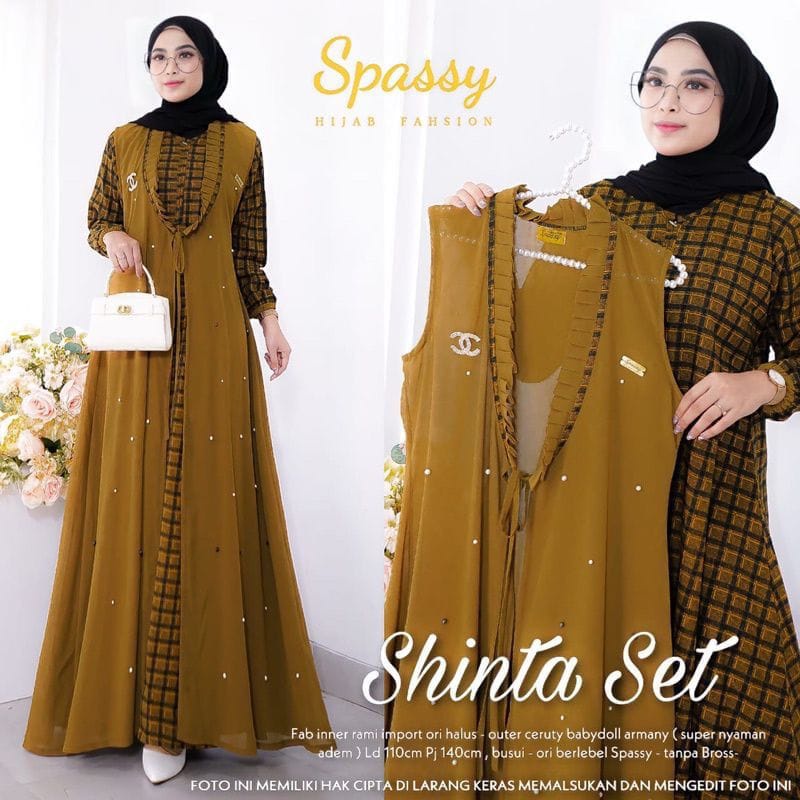Balenc Set Gamis Wanita Katun Motif Kotak Kotak Set Outer Ceruty Panjang