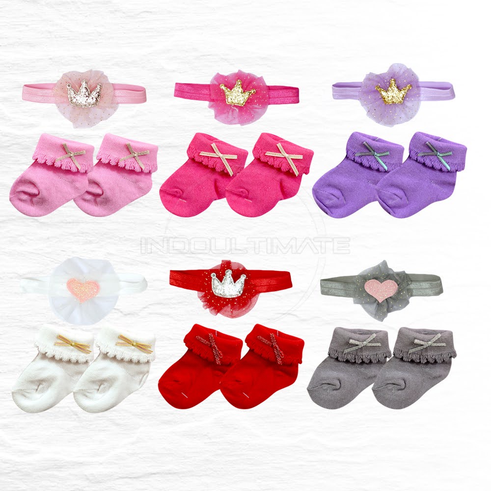 Kaos Kaki Bayi 2in1 + Bando Pita Kepala Baby Sock KKA-028 Sarung Kaki Bayi Bando Bayi Aksesoris Pita Rambut Bayi Alas kaki bayi