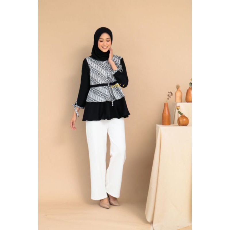 M-L-XL-XXL ATASAN BATIK WANITA MODERN ASJ SA HRB026 MONALISA GENES BLOUSE-Susun hitam