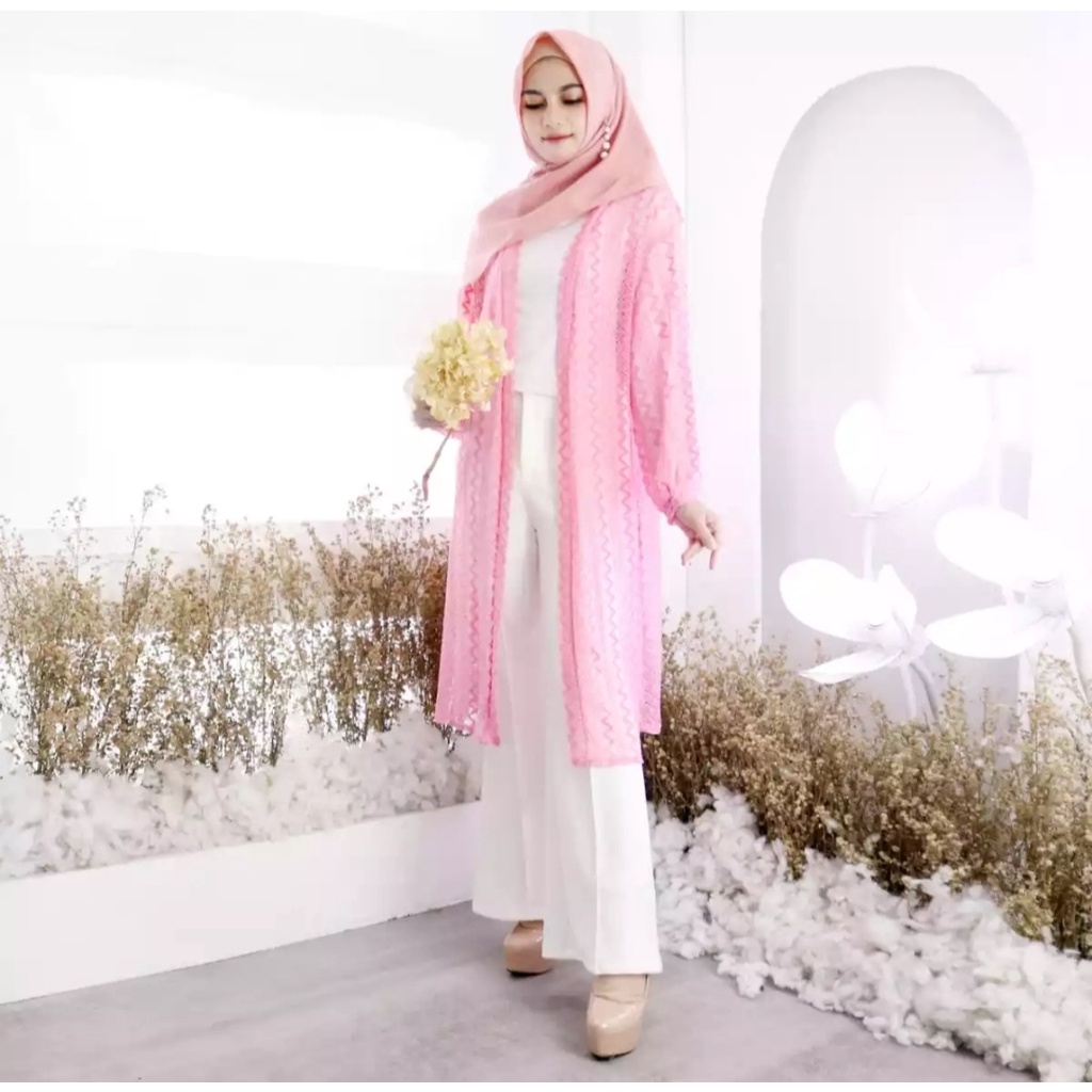 Pakaian Wanita Muslimah Long Outer Brokat Lace Cardigan Putih lengan panjang Bahan Lembut Nyaman Saat Di Pakai