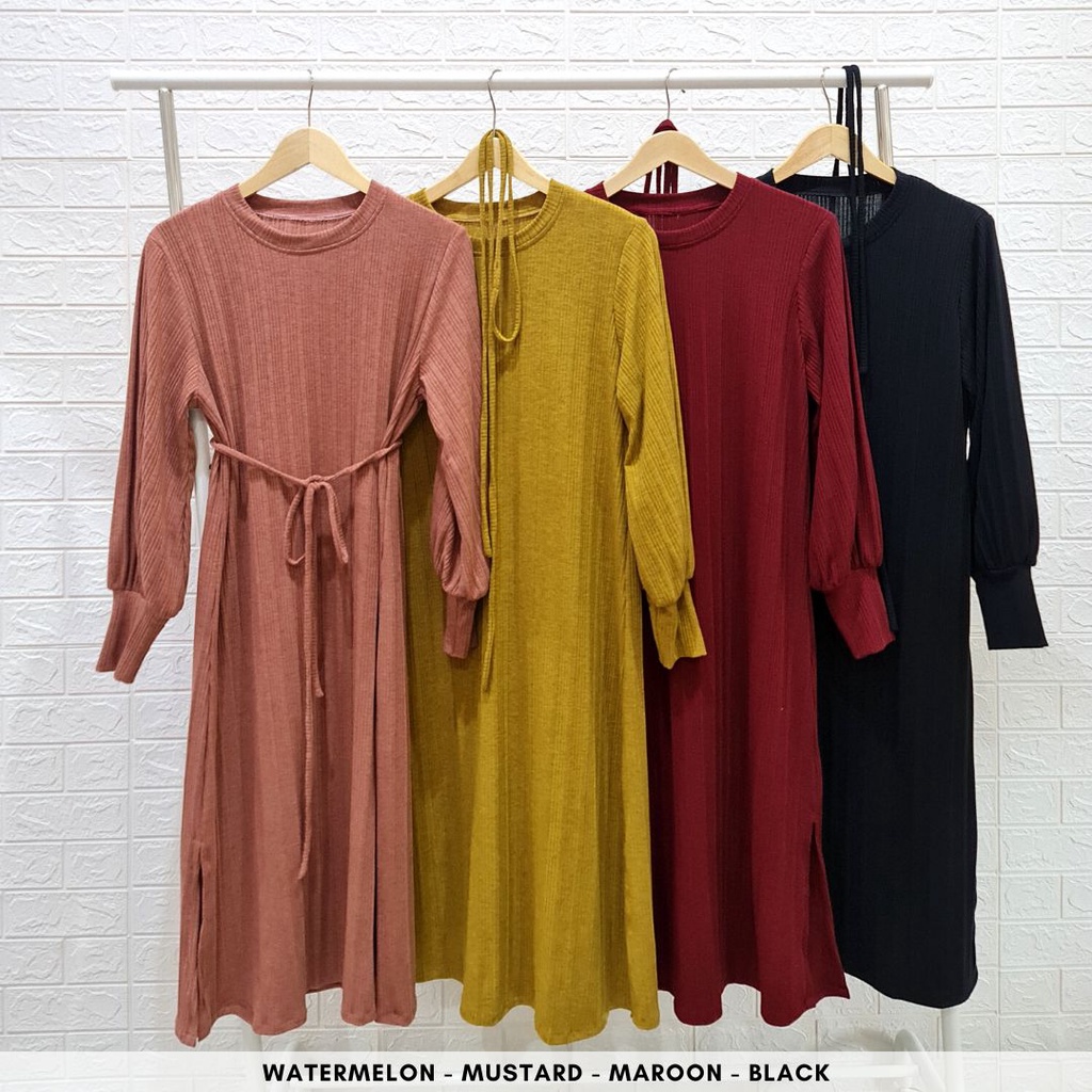 4338 dahyun strap knit midi dress polos long dress rib knit dress lengan panjang