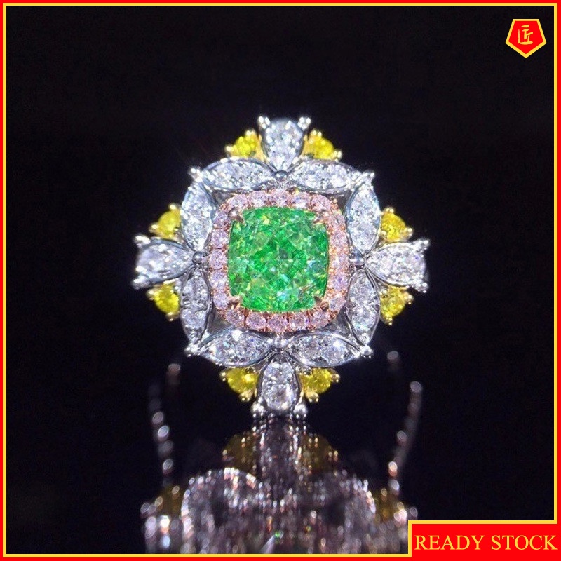 [Ready Stock]Luxurious Inlaid Emerald Ring Women's Elegant