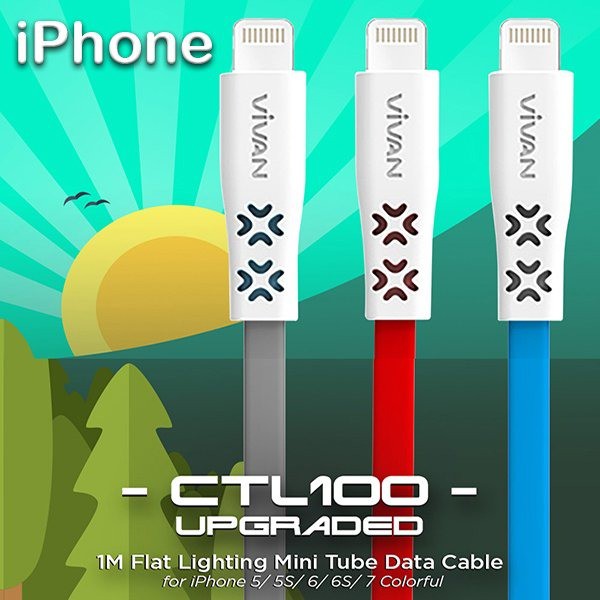 Vivan CTL100 Upgraded 1M 2.4A Flat Lightning Mini Tube Data Cable Colorful TPE GoodTouch Anti Knotte