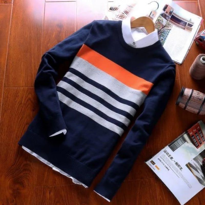 switer cewe &amp; cowo ,rajut navy garis oranye terkini salfa collections