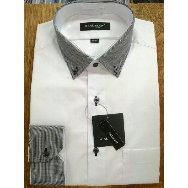 PROMO KEMEJA PRIA ALISAN PUTIH DOBBY DIAGONAL PANJANG SLIMFT KOMBINASI ABU