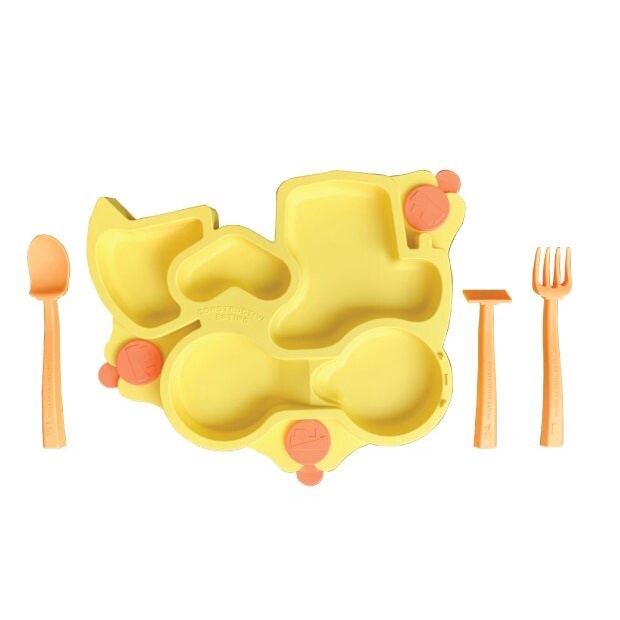 Constructive Eating - Constructive Baby Construction, set lengkap alat makan lucu cute bayi premium cocok hampers / kado isi 5 pcs (sendok, garpu, piring, pusher, tatakan) made in USA - Therapy Tools