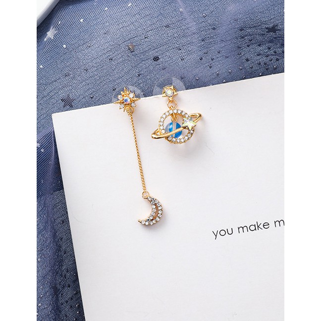 LRC Anting Tusuk Fashion (three Sets) 925 Silver Studded Diamond Star Moon Planet Asymmetrical F8130