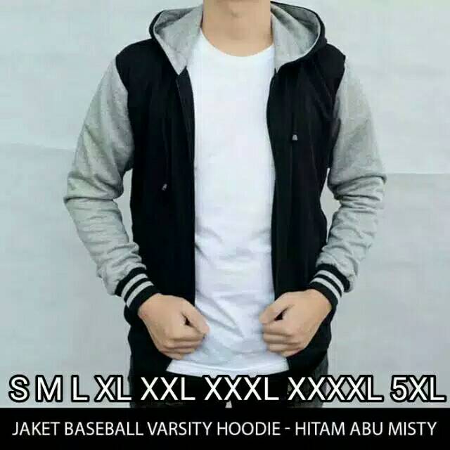 JAKET PRIA BIG SIZE/JUMBO  POLOS BASEBALL VARSITY HOODIE  HITAM ABU MISTY