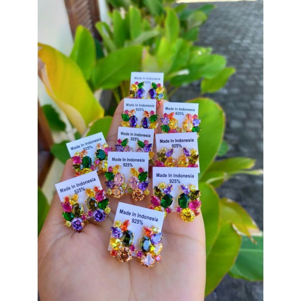anting zircon clip perak lapis emas bali