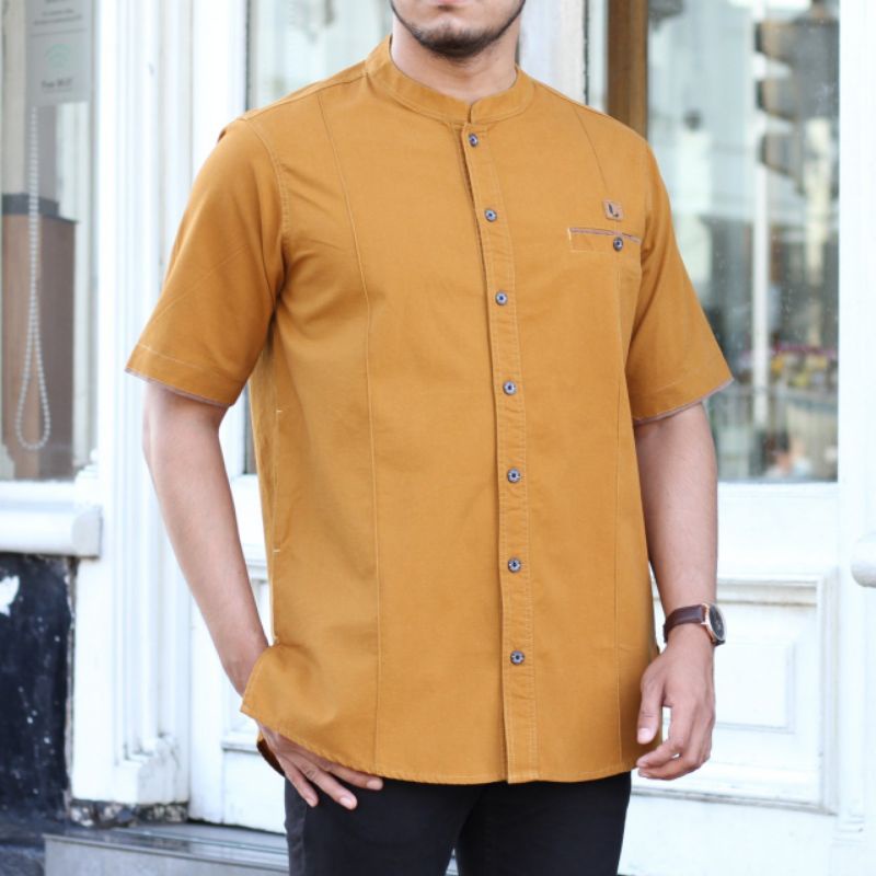 BAJU KOKO KURTA LENGAN PENDEK BAHAN FULL COTTON WASHING WARNA MUSTARD NAVY ARMY MAROON ABU MOCCA M L