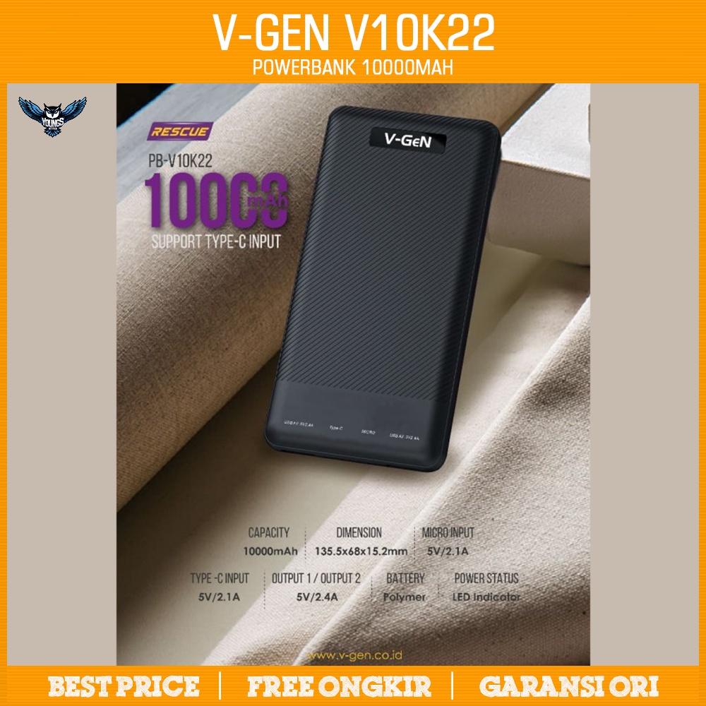 Powerbank V-GeN Rescue V10K22 10000mAh 2 Output 2.4A Slim Power Bank