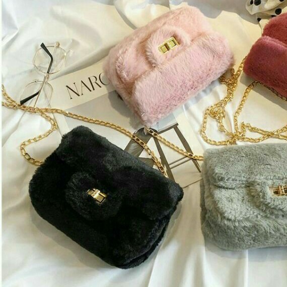 TAS Wanita Selempang Bulu ZAMZAM BBAO  Sling Bag Bulu Tas Bulu Import Tas Murah Batam Tas Pesta