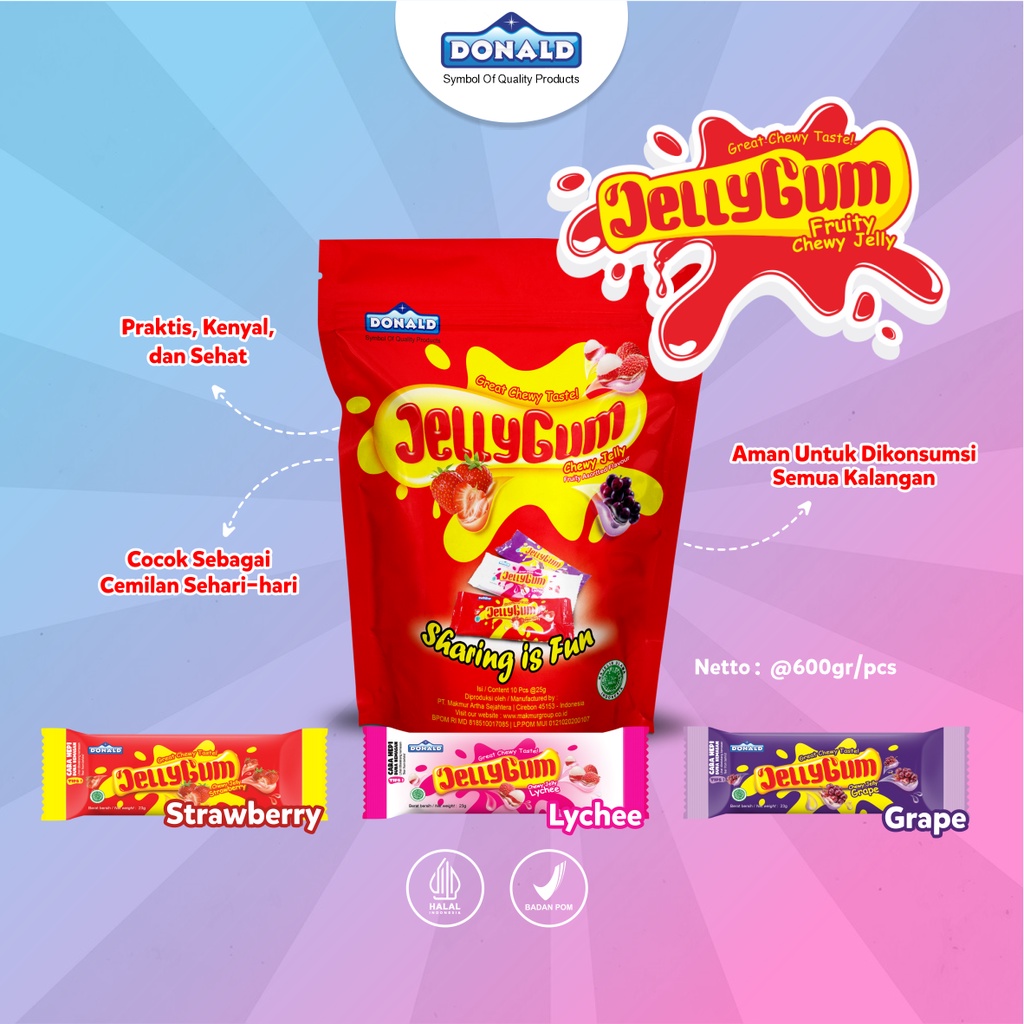 

Donald Jelly Gum Pouch Permen Jeli Gummy Great Chewy Taste Aneka Rasa Buah Mix Praktis Kenyal Sehat 1 Pouch Isi 10 x @25 Gram