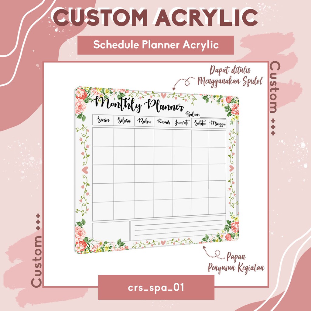 Plakat Akrilik Custom Schedule Planner / Papan Tulis Untuk Jadwal Kegiatan Bebas Desain