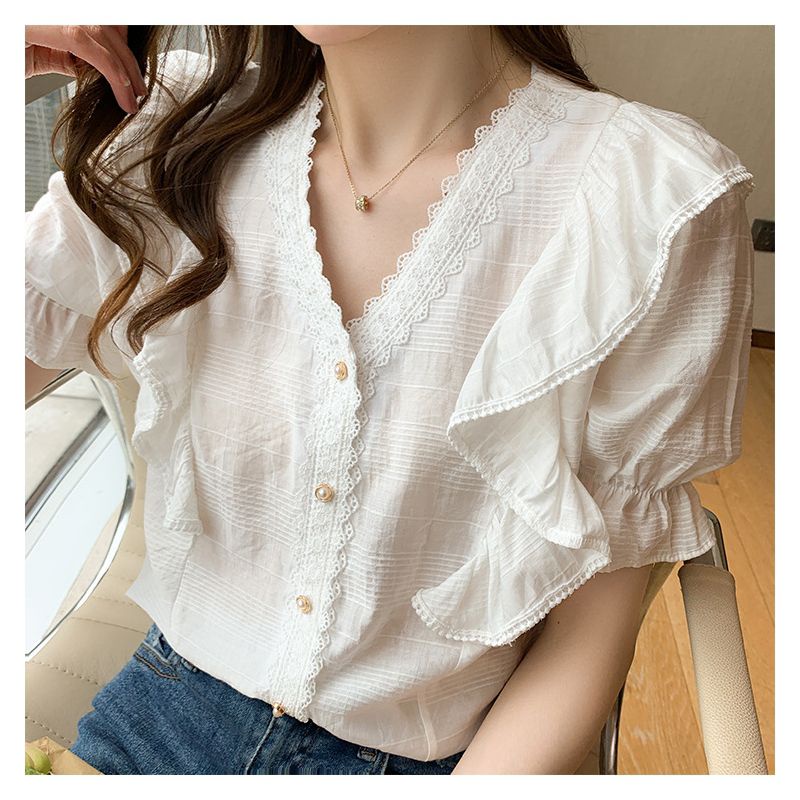 Blouse atasan wanita putih katun cantik kerah v Korea lengan pendek elegant
