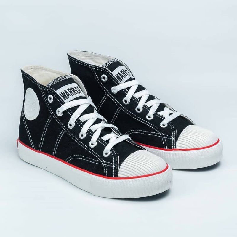 Sepatu Sekolah Original Lokal Warrior Classic High Cut Black White Hitam Putih
