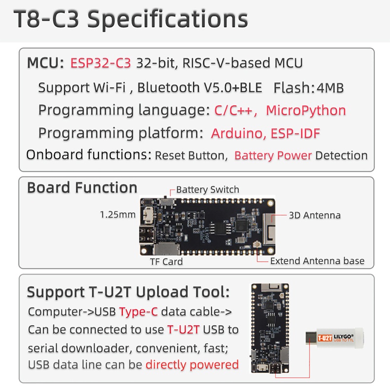 Btsg BT5.0 Papan Pengembangan T8-C3 ESP32-C3 Papan Dioptimalkan Untuk w 3D Antena TF Slot