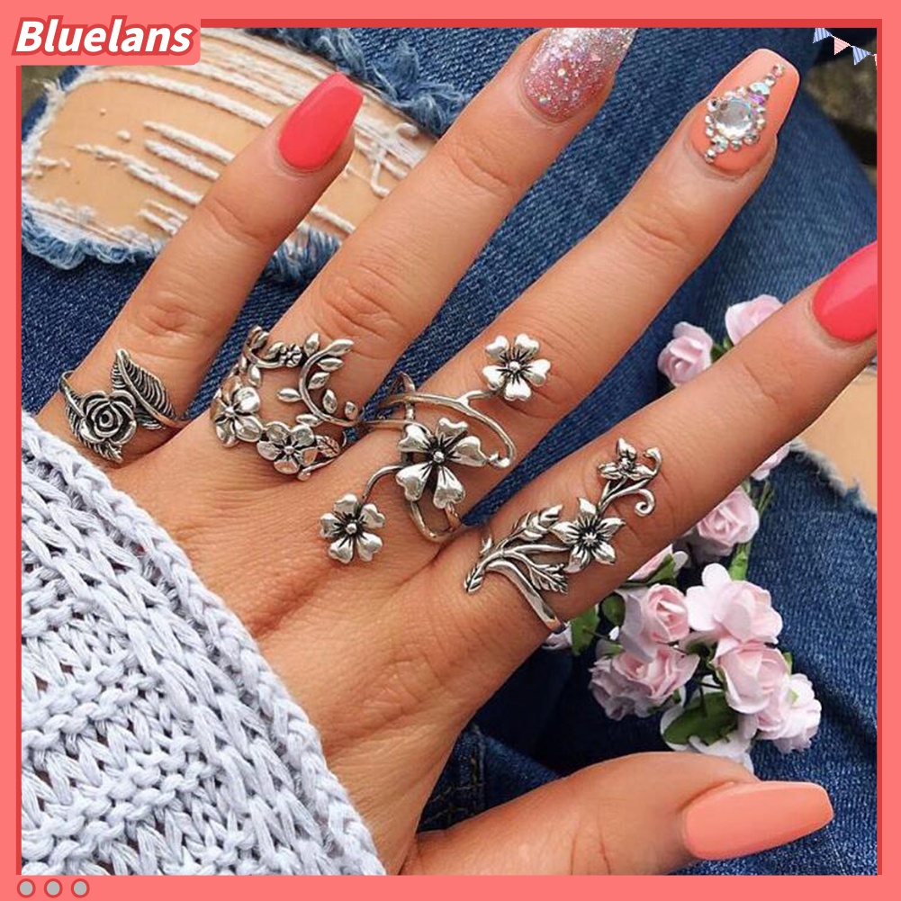 Bluelans Set Cincin Jari Desain Bunga Daun Merambat Gaya Vintage Untuk Wanita