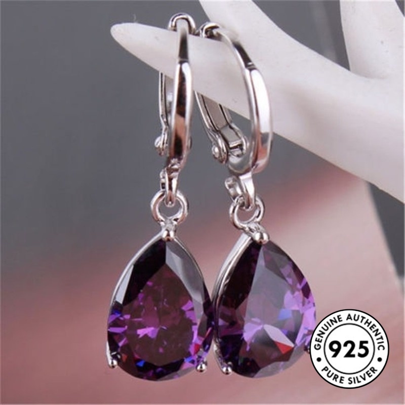 Anting Tusuk Sterling Silver 925 Model Tetesan Air Dengan Permata Warna-Warni Untuk Wanita