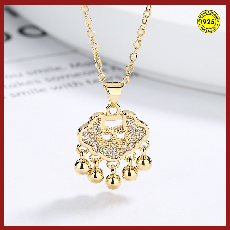 Kalung Rantai Klavikula S925 Silver Gold Plated 18K Hias Liontin Gembok Hati Berlian Untuk Wanita