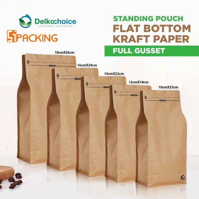 STANDING POUCH KRAFT PAPER FLAT BOTTOM FULL GUSSET COKLAT 5KURAN