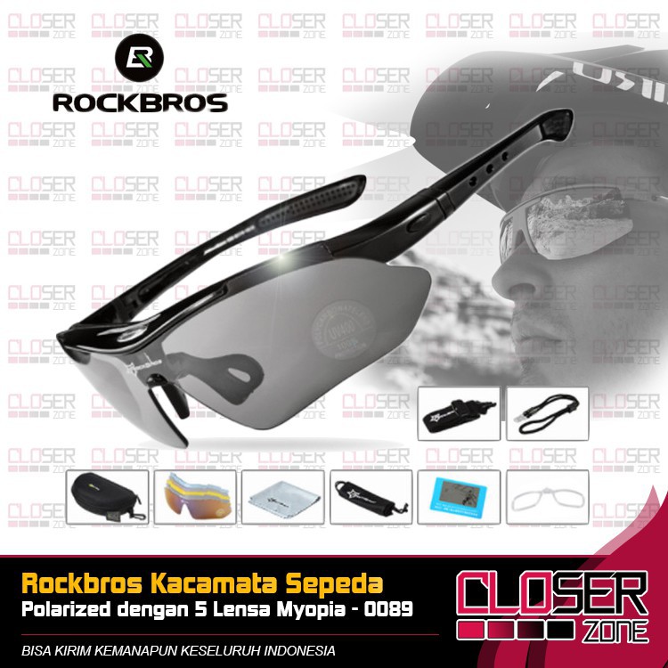 Rockbros Kacamata Sepeda Polarized Dengan 5 Lensa Myopia 0089 Hitam Grab Medan