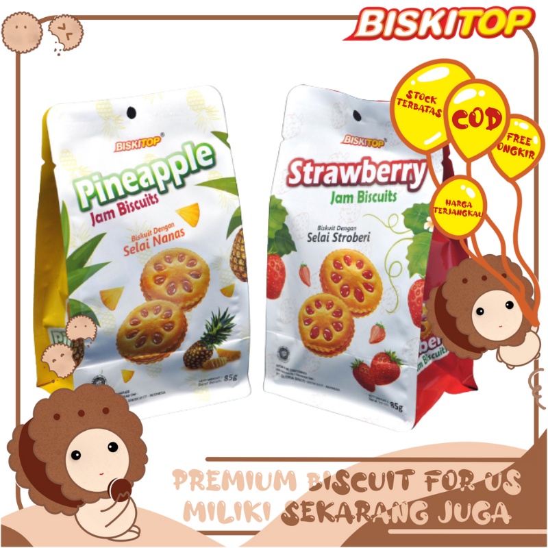 

BISKITOP - JAM BISCUITS 60g Biskuit Kue Kering Anak Dewasa Enak Renyah Biscuit Rasa nanas Strawberry