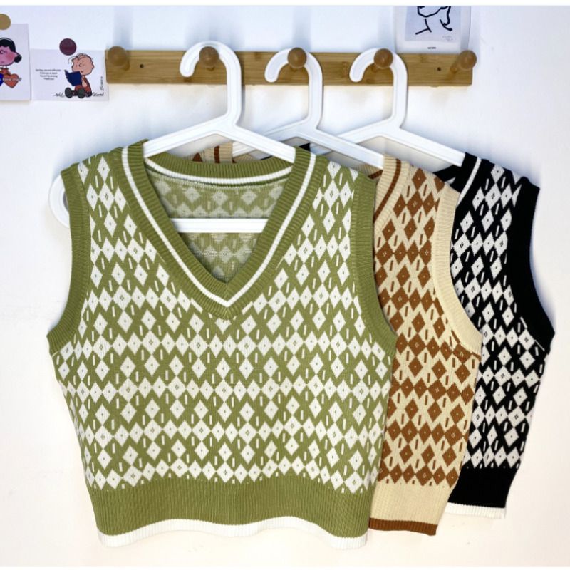 Rompi Sweater Rajut V-neck Tanpa lengan motif kotak-kotak untuk Wanita PRELOVED